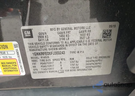 2015 Chevrolet Traverse Ls z USA, uszkodzony, nr VIN 1GNKRFED6FJ369243